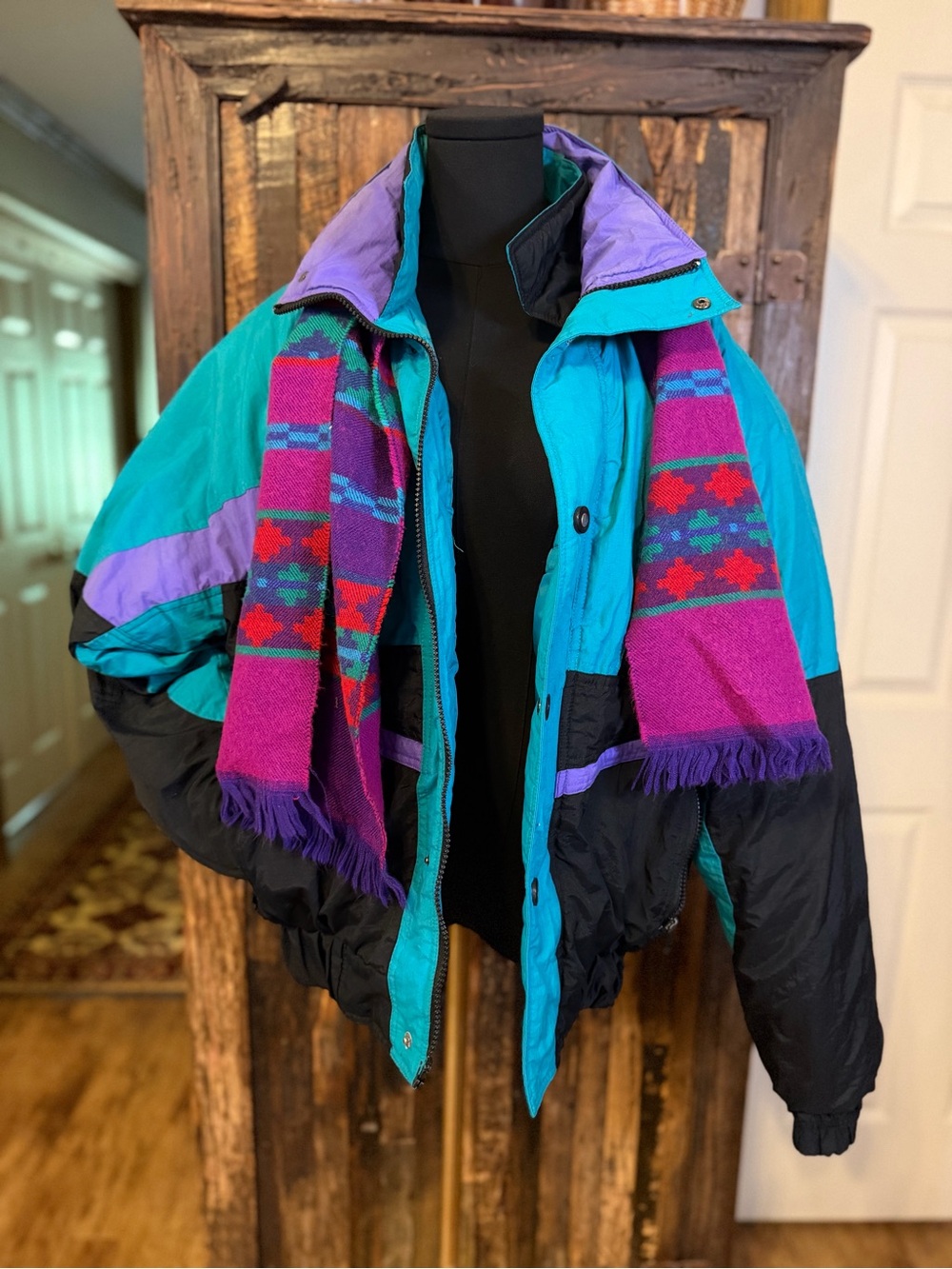 Vintage 90s St. John’s Bay L Ski Jacket Teal Purple Black Colorblock w/scarf